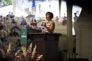 Mehrsa Baradaran, author of How the Other Half Banks: Exclusion, Exploitation, and the Threat to Democracy, delivers her lecture on banking inequality in America July 5, 2016 in the Amphitheater. In her book, Baradaran proposed a solution: postal banking, which will allow branches of the U.S. Postal Service to facilitate basic bank services such as check cashing, savings accounts and small loans. Photo by Eslah Attar