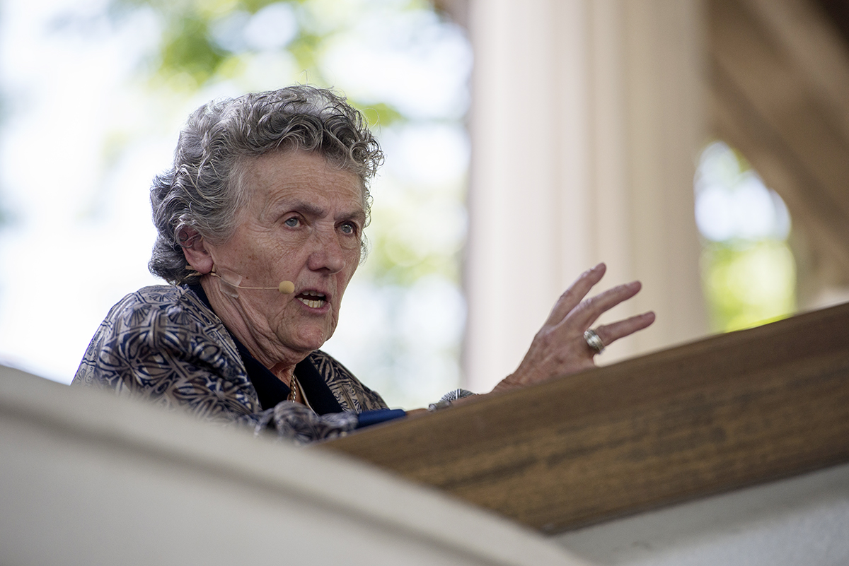 Sr. Joan Chittister, OSB and best-selling author, spoke with Daisy Khan in a conversation-style lecture, "Women in Religion: Acknowledging, Claiming, Living Leadership" in the Hall of Philosophy on July 15, 2016. Photo by Sarah Holm