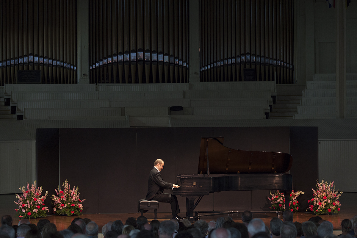 Pianist Alexander Gavrylyuk performs Franz Schubert's "Piano Sonata in A major, D. 664, op. 120" in a recital at 8:15 PM on July 20, 2016, in the Amphitheater. Although this was a solo recital, Gavrylyuk will also perform with the Chautauqua Symphony Orchestra at 8:15 PM on July 23, 2016, in the Amphitheater. Photo by Carolyn Brown.