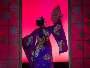Alyssa Sheaffer performs as a geisha in the opening scene of the dress rehearsal for "The Mikado" on Wednesday, July 27, 2016, in Norton Hall. Photo by: Mike Clark