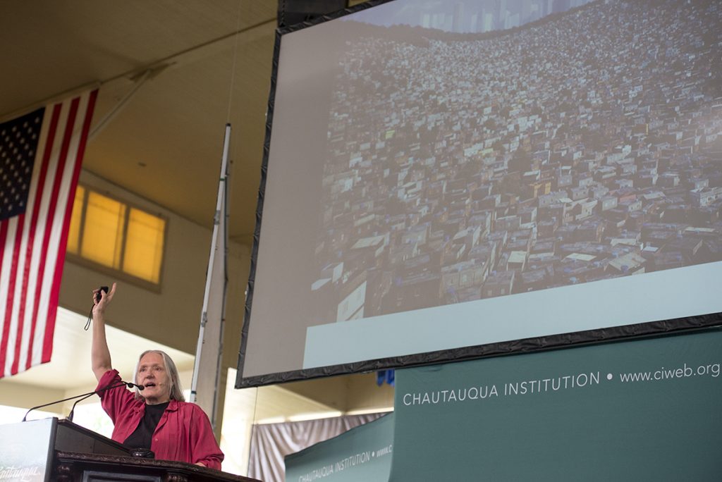 Saskia Sassen, a professor of sociology at Columbia University, delivers her lecture "Who Owns the City" on Aug. 5, 2016 in the amphitheater. Photo by Sarah Holm
