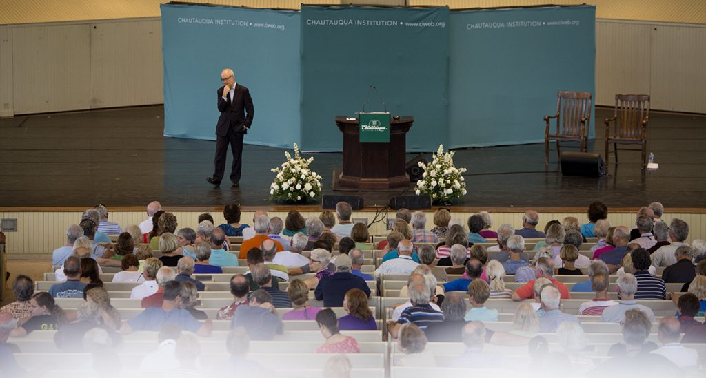 Michael J. Sandel, professor of government at Harvard University, delivers his lecture on Justice as part of Weeks Seven theme "Pushing Our Bodies' Limits" August 12, 2016 in the Amphitheater. Making his 10th appearance in Chautauqua, Sandel engaged the audience in a Socratic Method discussion opening up the floor for audience members to share their thoughts and questions on the topic. Photo by Eslah Attar