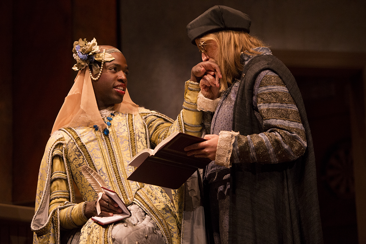 Leland Fowler, left, as Bianca and Caroline Siewert, right, as Lucentio disguised as Cambio perform during a dress rehearsal of "The Taming of the Shrews" August 13, 2016 in Bratton Theater. This production by Andrew Borba adds a spin to Shakespeare's version by examining cross-dressing and gender roles. Photo By Eslah Attar