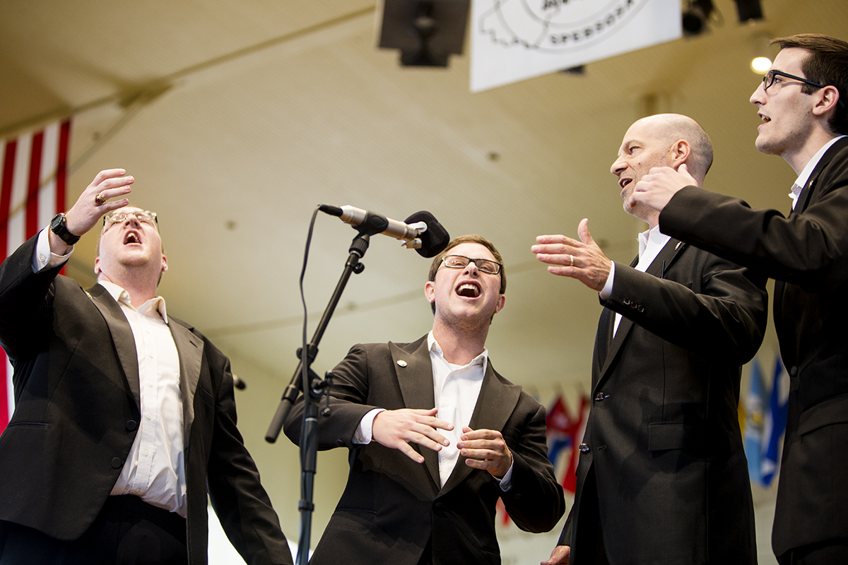 From left, Members of J.A.M. Jason Weitz, Adam Lukasik, Brian Praetzel, John Donohue perform at the 2016 Chautauqua Barbershop Harmony Parade August 21, 2016 in the Amphitheater. Photo by Eslah Attar