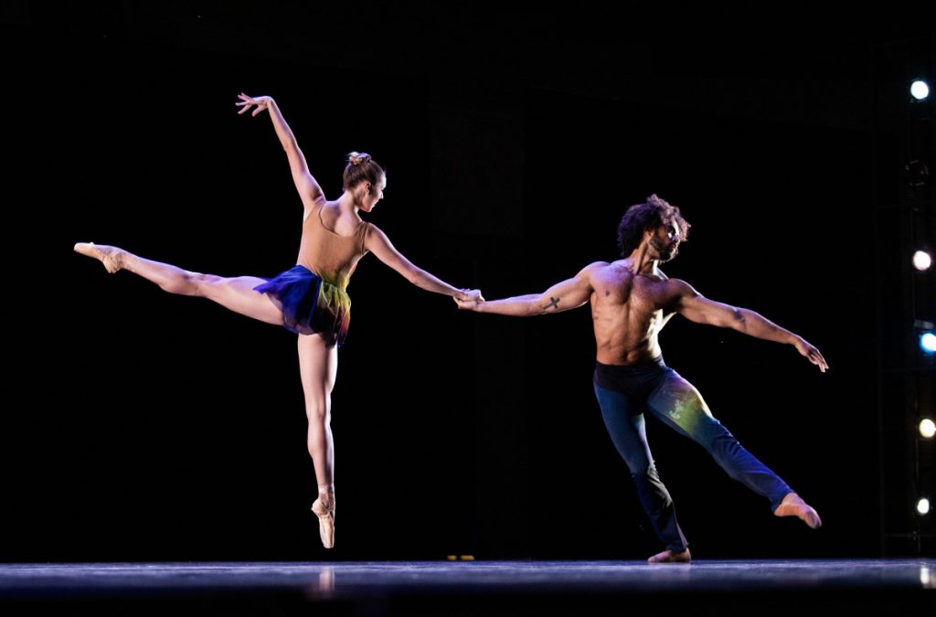 Isabella LaFreniere and James Gilmer perform the world premiere of “Of The Night”, choreographed by Sasha Janes, during the All Star Dance Gala on July 5, 2023, in the Amphitheater.