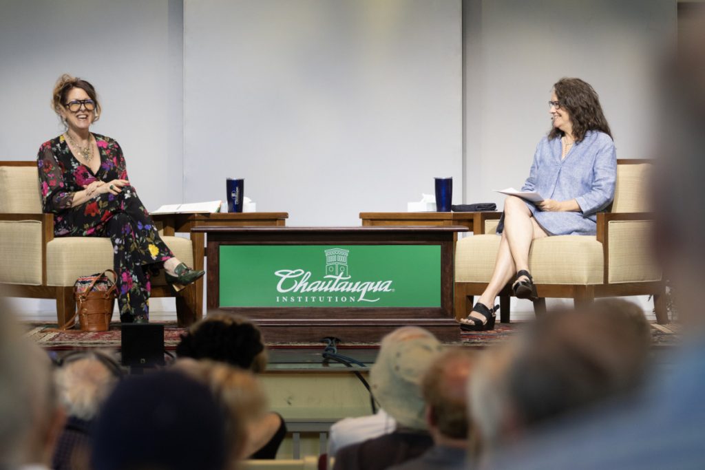 SAG-AFTRA Secretary-Treasurer Joely Fisher, left, and Kelly Carlin discuss the profound ramifications AI has had in their creative professions and personal lives during their conversation as part of the Chautauqua Lecture Series Wednesday morning in the Amphitheater.
