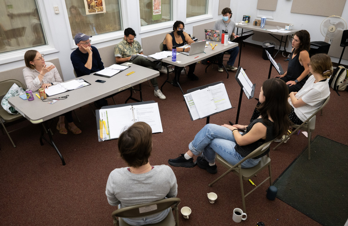 Playwright Anna Ziegler, left, talks with actors from Chautauqua Theater Company during a table read of the New Play Workshop Celebrating Sixty-Five Years of the Ladies Journal of Cambridge, Massachusetts! Wednesday in the Jane A. Gross Opera Center.