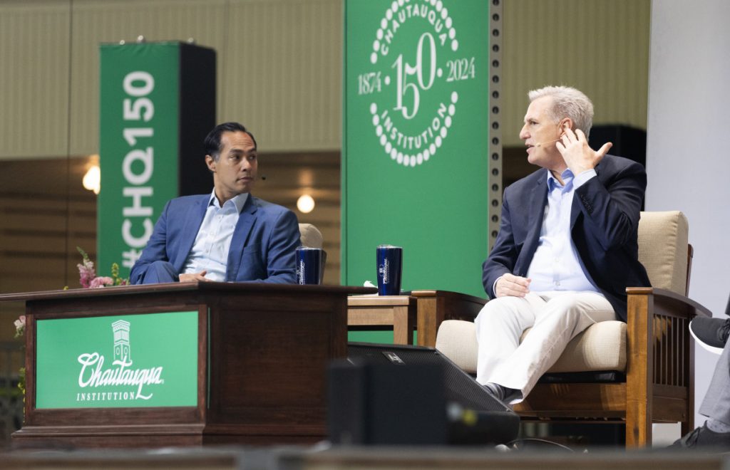 Julián Castro, the 16th U.S. Secretary of Housing and Urban Development, and Kevin McCarthy, the 55th Speaker of the U.S. House of Representatives, close the Week Four Chautauqua Lecture Series in conversation with President Michael E. Hill Friday in the Amphitheater.