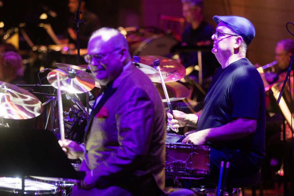 Chafetz, left, who was the CSO’s longtime timpanist, joins Principal Percussionist Brian Kushmaul for the drum break of Collins’ “In the Air Tonight.”