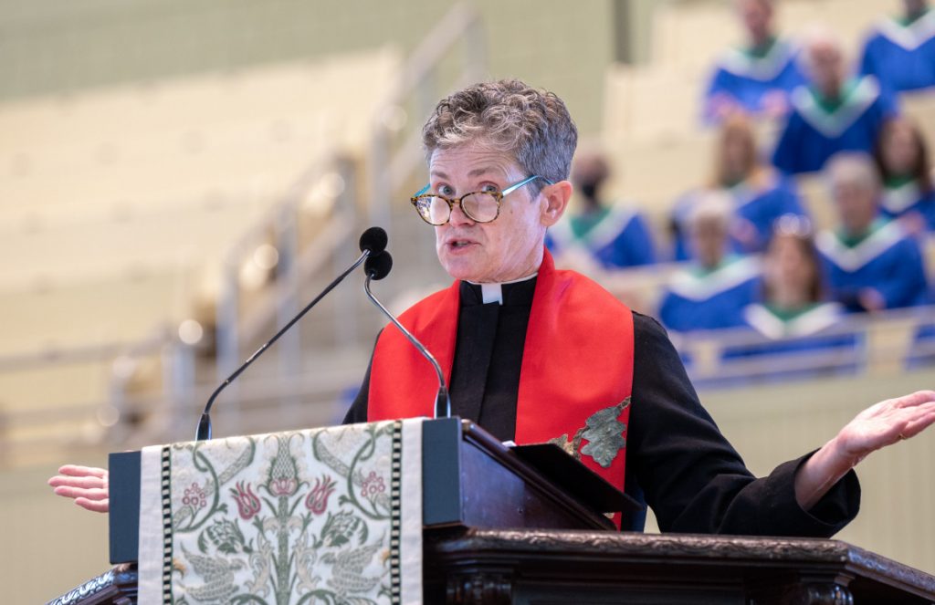 The Rev. Kate Braestrup delivers her sermon “In the Country of the Gerasenes” during the morning worship service on Sunday in the Amphitheater.