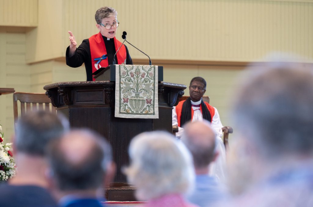 The Rev. Kate Braestrup, chaplain to the Maine Warden Service, opens her Week Five sermon series Sunday morning in the Amphitheater.