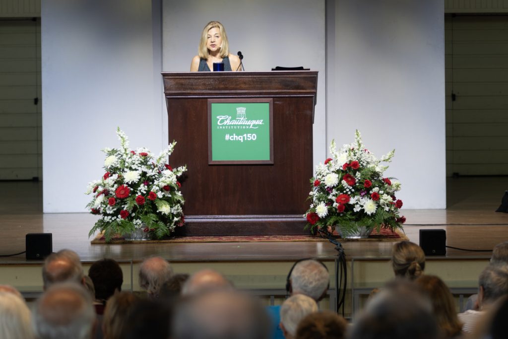 Margaret Sullivan, former editor in chief of The Buffalo News, and the executive director of the Craig Newmark Center for Journalism Ethics and Security at Columbia Journalism School, speaks on the importance of local journalism as a part of the Chautauqua Lecture Series on Tuesday in the Amphitheater.