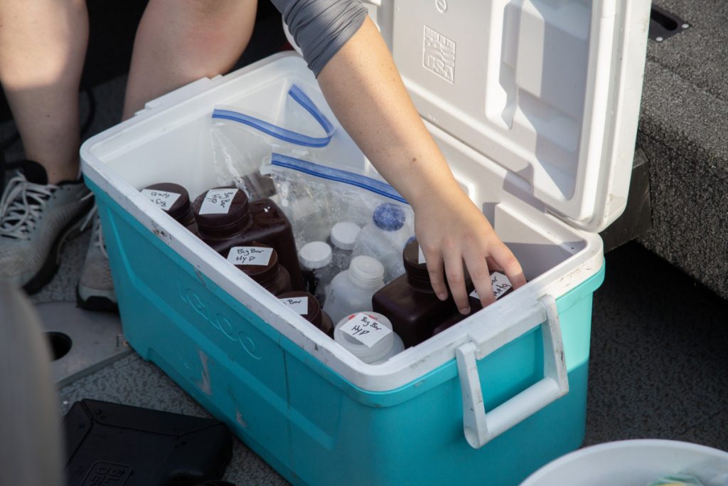 Samples are kept in a cooler in labeled containers.